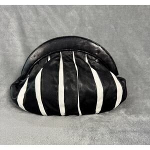 Vintage 1980’s Brio Black White Leather Stripe Shoulder Cross Body Purse Retro